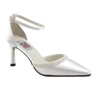 Saugus Shoes | Sophia White Satin Bridal Pointy Toe Ankle Strap Heels
